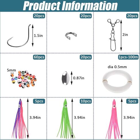 Fishing Squid Rigs Making Kit 161pcs Fluke Flounder Saltwater Fishing Hoochie Rig, Include Soft Squid Skirt Lure, 3 Way Swivel with Duo Lock Snap, Spinner Blade Clevis, Fishing Octopus Hook Line Beads in Saudi Arabia