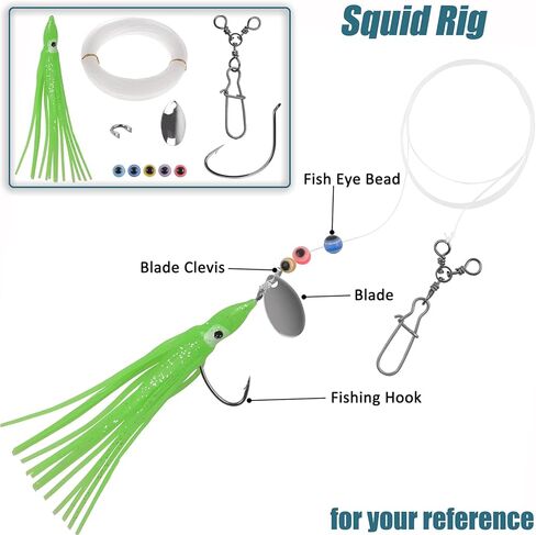 Fishing Squid Rigs Making Kit 161pcs Fluke Flounder Saltwater Fishing Hoochie Rig, Include Soft Squid Skirt Lure, 3 Way Swivel with Duo Lock Snap, Spinner Blade Clevis, Fishing Octopus Hook Line Beads in Saudi Arabia