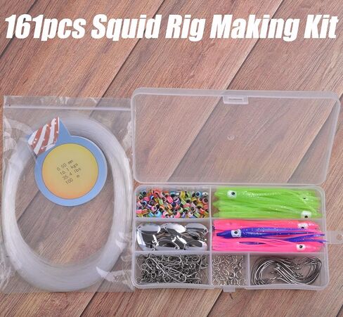 Fishing Squid Rigs Making Kit 161pcs Fluke Flounder Saltwater Fishing Hoochie Rig, Include Soft Squid Skirt Lure, 3 Way Swivel with Duo Lock Snap, Spinner Blade Clevis, Fishing Octopus Hook Line Beads in Saudi Arabia