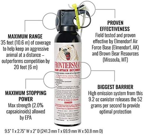 SABER Frontiersman Bear Spray 9.2 أونصة (خيارات الحافظة وخيارات العبوات المتعددة) - أقصى قوة وأقصى نطاق وأكبر حاجز وقائي لكل انفجار! - فعال ضد جميع أنواع الدببة in Kuwait