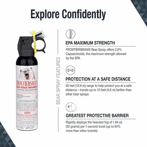 SABER Frontiersman Bear Spray 9.2 أونصة (خيارات الحافظة وخيارات العبوات المتعددة) - أقصى قوة وأقصى نطاق وأكبر حاجز وقائي لكل انفجار! - فعال ضد جميع أنواع الدببة in Kuwait
