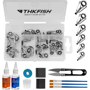 THKFISH Rod Tip Repair Kit with Glue Fishing Rod Repair Kit Pole Tip Replacement Complete Supplies for Fishing Pole Top Eyelets 42PCS Tips