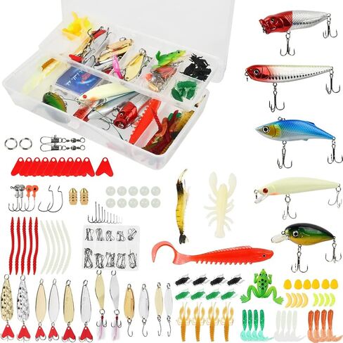 طقم طُعم صيد السمك 181 قطعة من FOCCTS، طقم صيد السمك، ملحقات صندوق معالجة الصيد متضمنة طعوم السمك، ديدان بلاستيكية ناعمة، رقصات كرانكبيت، طعوم دوارة، طُعم المياه العلوية، خطاف in Kuwait