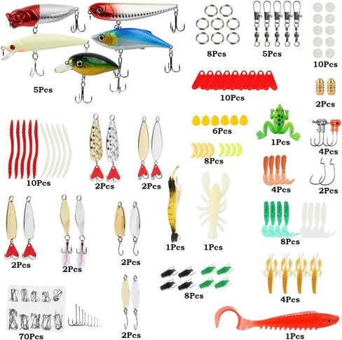 طقم طُعم صيد السمك 181 قطعة من FOCCTS، طقم صيد السمك، ملحقات صندوق معالجة الصيد متضمنة طعوم السمك، ديدان بلاستيكية ناعمة، رقصات كرانكبيت، طعوم دوارة، طُعم المياه العلوية، خطاف in Kuwait