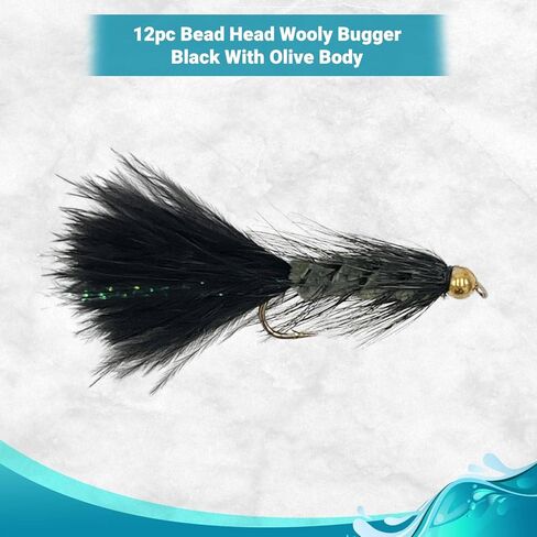 Feeder Creek Bead Head Wooly Bugger Fly Fishing Flies for Trout, Bass and Panfish - 12pc Handmade Multicolor Wet Flies for Freshwater Fishing (10, Olive/Black) in Saudi Arabia