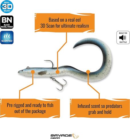 Savage Gear Real EEL Pre-Rigged Fishing Bait, 1 1/3 oz, Blue Back Pearl, Realistic Contours & Movement, Durable Construction, Dual Hook Configuration, Available in 3 Sizes (8"-16") in Saudi Arabia