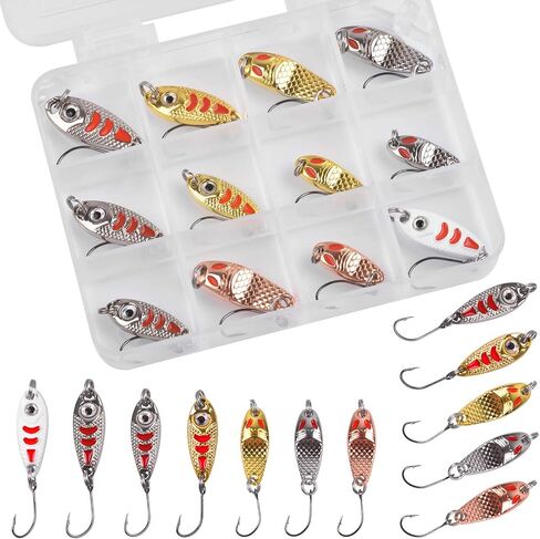 12PCS Fishing Spoons Trout Fishing Colorful Hard Metal Spinner Baits Fishing Jig Spoon Lures Kit with Tackle Box in Saudi Arabia