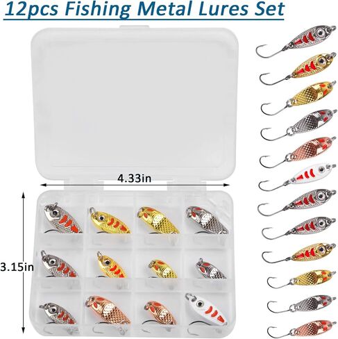 12PCS Fishing Spoons Trout Fishing Colorful Hard Metal Spinner Baits Fishing Jig Spoon Lures Kit with Tackle Box in Saudi Arabia
