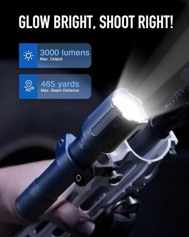 مصباح يدوي هيرام أورورا 3000 لومن تكتيكي مع 465 ياردة. الوصول، ضوء بندقية زوومابلي مع 5 مستويات ووضع ستروب، IP68 WML مع حلقات تثبيت الدراجة والبندقية، ضوء بندقية LED عالي التحمل للبيكاتيني in Kuwait