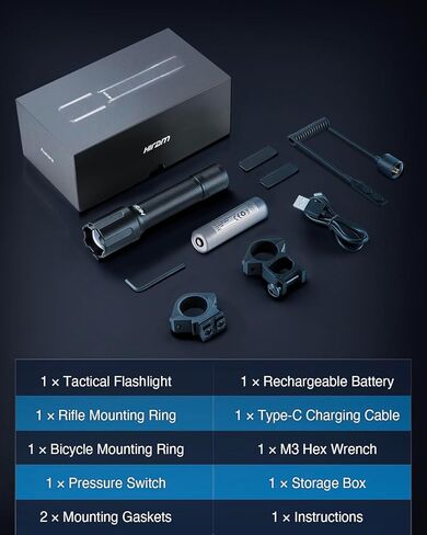 مصباح يدوي هيرام أورورا 3000 لومن تكتيكي مع 465 ياردة. الوصول، ضوء بندقية زوومابلي مع 5 مستويات ووضع ستروب، IP68 WML مع حلقات تثبيت الدراجة والبندقية، ضوء بندقية LED عالي التحمل للبيكاتيني in Kuwait