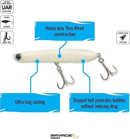 Savage Gear Panic Pencil Popper Fishing Bait, 1 3/4 oz, White Glow, Realistic Contours, Colors & Movement, Stepped Hull Construction, Thru-Wired Design, Triple Split Rings & 4X Hooks, Long Casting in Kuwait