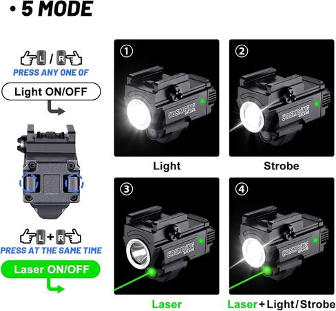 COSMOING Green Laser Light Combo, 800 Lumen USB Rechargeable Gun Flashlight Laser Sight Combo with Strobe Function for Pistol Handgun Rifles with Picatinny Rail Mount in Kuwait