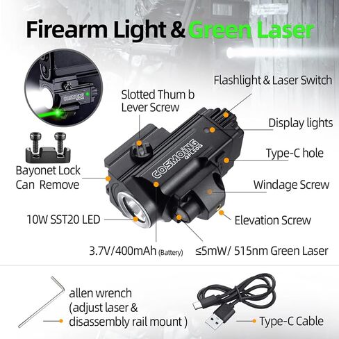 COSMOING Green Laser Light Combo, 800 Lumen USB Rechargeable Gun Flashlight Laser Sight Combo with Strobe Function for Pistol Handgun Rifles with Picatinny Rail Mount in Kuwait