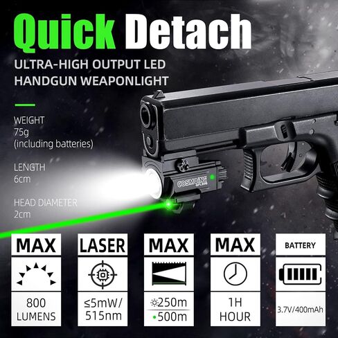 COSMOING Green Laser Light Combo, 800 Lumen USB Rechargeable Gun Flashlight Laser Sight Combo with Strobe Function for Pistol Handgun Rifles with Picatinny Rail Mount in Kuwait