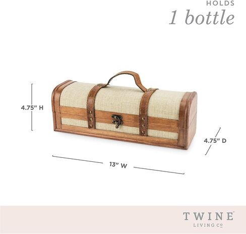 Twine Antique Wooden Decorative Box with Lid and Handle, Wine Accessory Sets, Wood, Faux Leather, Brass Accents, 2 Bottle in Kuwait