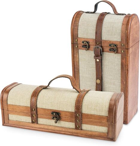 Twine Antique Wooden Decorative Box with Lid and Handle, Wine Accessory Sets, Wood, Faux Leather, Brass Accents, 2 Bottle in Kuwait