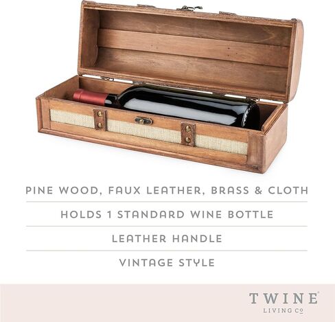 Twine Antique Wooden Decorative Box with Lid and Handle, Wine Accessory Sets, Wood, Faux Leather, Brass Accents, 2 Bottle in Kuwait