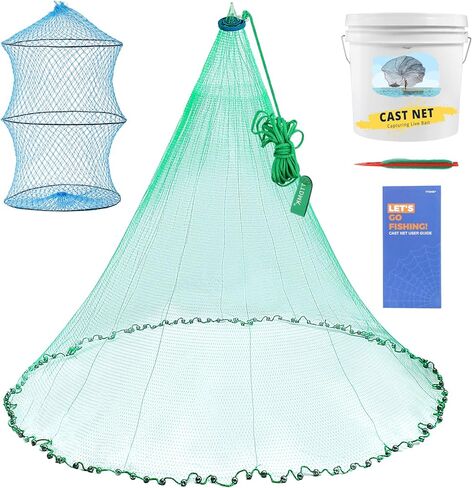 7ft Cast Nets for Fishing with Storage Bucket, Casting Nets for Bait Fish, Freshwater and Saltwater Fishing Nets, 1.5LB/Ft Heavy Duty Sinkers Throw Cast Net, Bait Traps, 3/8 Inch Mesh Size - by TTDMK in Kuwait