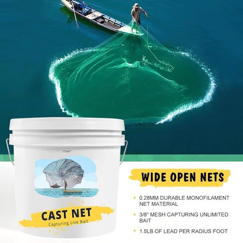 7ft Cast Nets for Fishing with Storage Bucket, Casting Nets for Bait Fish, Freshwater and Saltwater Fishing Nets, 1.5LB/Ft Heavy Duty Sinkers Throw Cast Net, Bait Traps, 3/8 Inch Mesh Size - by TTDMK in Kuwait
