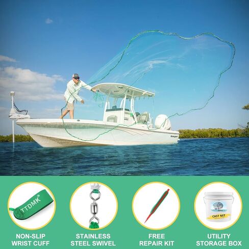 7ft Cast Nets for Fishing with Storage Bucket, Casting Nets for Bait Fish, Freshwater and Saltwater Fishing Nets, 1.5LB/Ft Heavy Duty Sinkers Throw Cast Net, Bait Traps, 3/8 Inch Mesh Size - by TTDMK in Kuwait