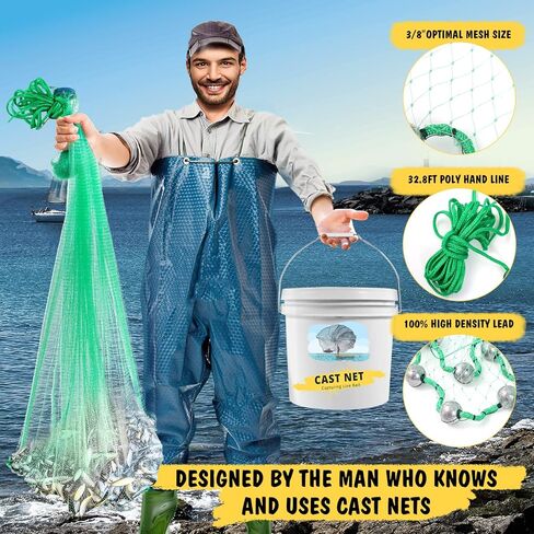 7ft Cast Nets for Fishing with Storage Bucket, Casting Nets for Bait Fish, Freshwater and Saltwater Fishing Nets, 1.5LB/Ft Heavy Duty Sinkers Throw Cast Net, Bait Traps, 3/8 Inch Mesh Size - by TTDMK in Kuwait