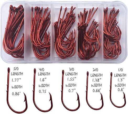 Cheerouters 100 Piece 5 Sizes 1/0-5/0 Offset Bait Holder Fishing Hooks Barbed Shank Beak Bait Holder Hook Offset with 2 Baitholder Barbs Jig Fish Hooks Red in Saudi Arabia