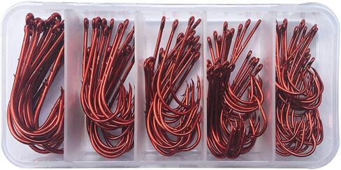 Cheerouters 100 Piece 5 Sizes 1/0-5/0 Offset Bait Holder Fishing Hooks Barbed Shank Beak Bait Holder Hook Offset with 2 Baitholder Barbs Jig Fish Hooks Red in Saudi Arabia