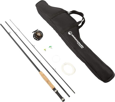 3-Piece Fly Fishing Rod and Reel Combo Starter Kit - 97-Inch Collapsible Fiberglass and Cork Fishing Pole with Case and Accessories by Wakeman (Black) in Saudi Arabia