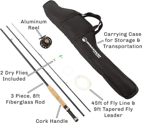 3-Piece Fly Fishing Rod and Reel Combo Starter Kit - 97-Inch Collapsible Fiberglass and Cork Fishing Pole with Case and Accessories by Wakeman (Black) in Saudi Arabia