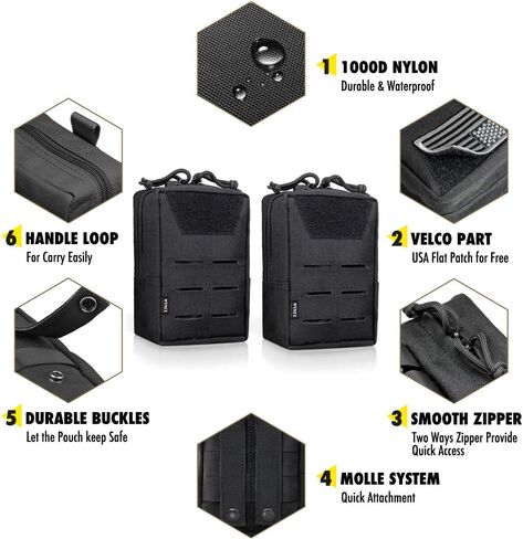 WYNEX Tactical Molle Pouches of Laser-Cut Design, 2 Pack Utility EDC Pouch Compact Gadget Gear Bag Small Military Pocket Organizers Modular Tools Attachment US Flag Patch Included in Saudi Arabia