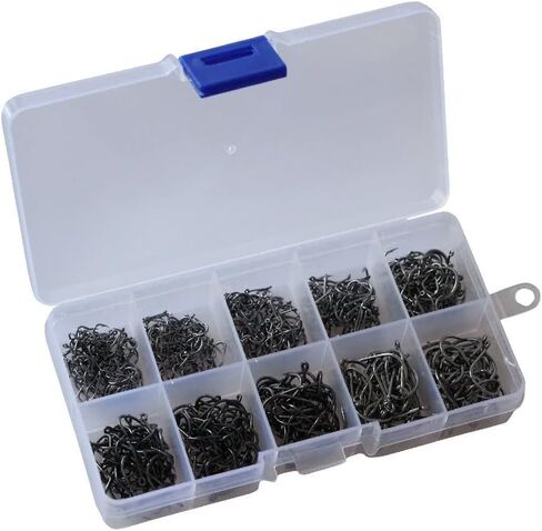 500 قطعة من خطافات الصيد الصغيرة باللون الأسود عالية الكربون لصيد السمك 10 أحجام مع علبة بلاستيكية in Kuwait