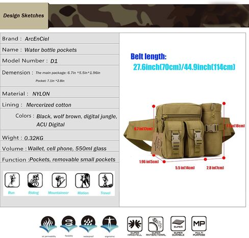 ArcEnCiel Tactical Fanny Pack Waist Bag Hip Belt Outdoor Fishing Bumbag with Water Bottle Pocket Holder in Saudi Arabia