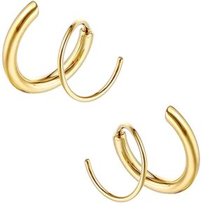 اقراط حلقية حلزونية مزدوجة - اقراط حلزونية من الفضة عيار 14 قيراط، اقراط ثقب مزدوجة، اقراط حلقية مزدوجة صناعية، اقراط ملتوية صغيرة للنساء، زنك، حجر ذهبي in Kuwait