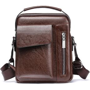 HANGMAI Small Leather Crossbody Bag, Mens Shoulder Bag, Office Business Magnetic Buckle Adjustable Strap