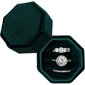 Beatilog Velvet Ring Box 3 Slots - Octagonal Premium Rings Holder Handmade Ring Bearer Jewelry Storage Organizer for Wedding Ceremony, Christmas, Photography Prop (Emerald)