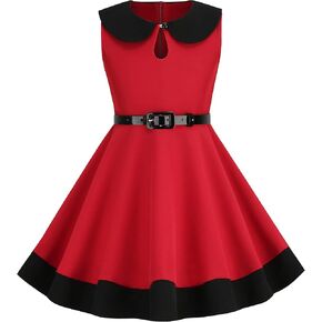 Kids Girls 50s Audrey Vintage Polka Dot Swing Party Rockabilly Dress Retro Peter Pan Doll Collar Wedding Casual Skater Dress