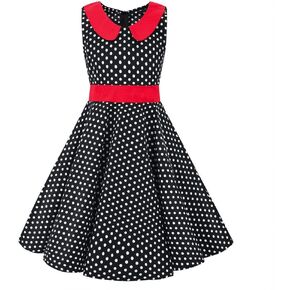 Kids Girls 50s Audrey Vintage Polka Dot Swing Party Rockabilly Dress Retro Peter Pan Doll Collar Wedding Casual Skater Dress