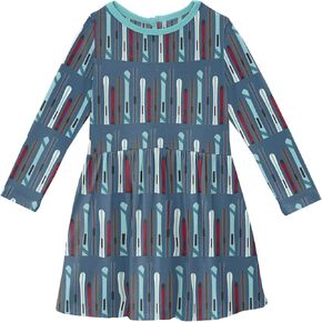 KicKee Pants Print Long Sleeve Twirl Dress for Girls, Ultra Soft Bamboo Viscose Fabric, Toddler to Kid, Girl Clothes