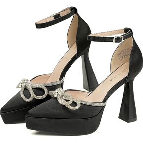 JENN ARDOR Platform Heels for Women Rhinestone Sparkly Bow High Heels Closed Pointed Toe Stilettos Ankle Buckle Strap Pumps Wedding Party Prom Dress Shoes