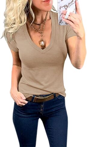 Women Sexy Deep V Neck Short Sleeve T-Shirts Casual Slim Summer Solid Slim Tops Tee Blouse Tunics in Kuwait