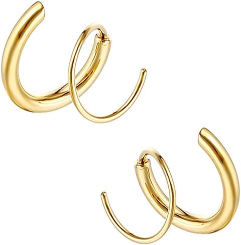 اقراط حلقية حلزونية مزدوجة - اقراط حلزونية من الفضة عيار 14 قيراط، اقراط ثقب مزدوجة، اقراط حلقية مزدوجة صناعية، اقراط ملتوية صغيرة للنساء، زنك، حجر ذهبي in Kuwait