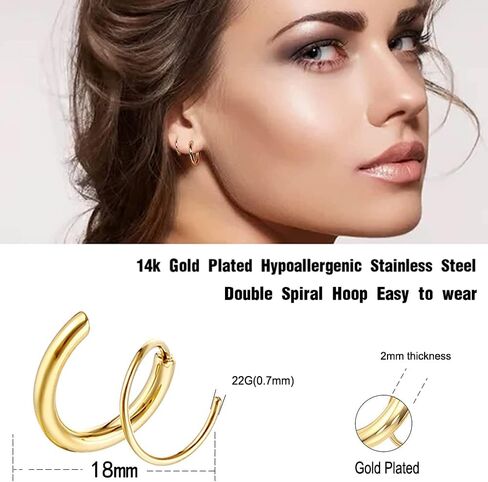 اقراط حلقية حلزونية مزدوجة - اقراط حلزونية من الفضة عيار 14 قيراط، اقراط ثقب مزدوجة، اقراط حلقية مزدوجة صناعية، اقراط ملتوية صغيرة للنساء، زنك، حجر ذهبي in Kuwait