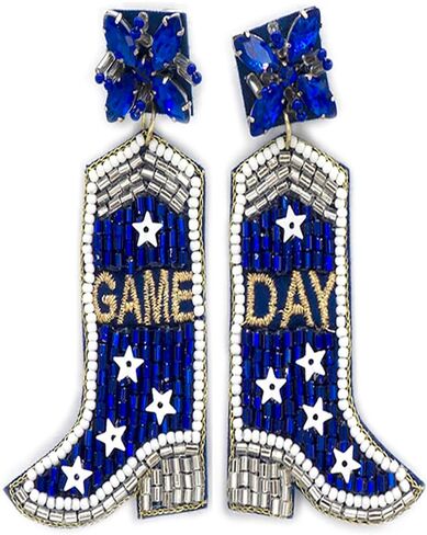 Emulily Beaded Game Day Boots Post Earrings Handmade Boots Earrings Blue and White in Saudi Arabia