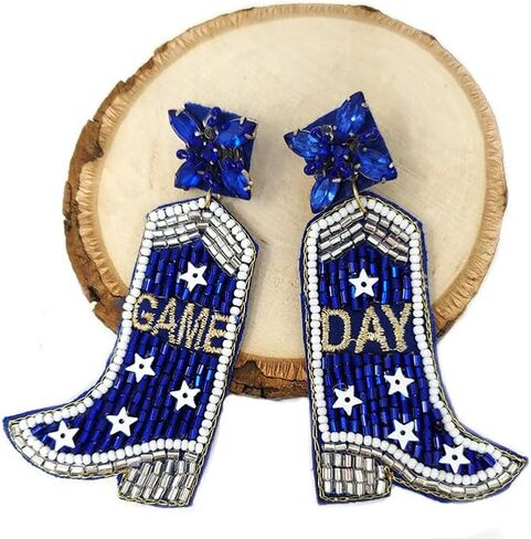 Emulily Beaded Game Day Boots Post Earrings Handmade Boots Earrings Blue and White in Saudi Arabia