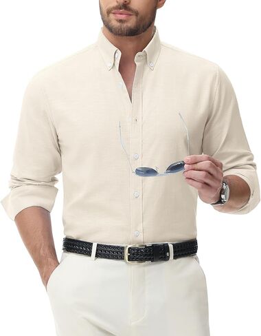 قميص رجالي من الكتان من J.VER كاجوال خفيف الوزن وأكمام طويلة وياقة بأزرار سفلية وقمصان للشاطئ للعمل في العطلات in Kuwait