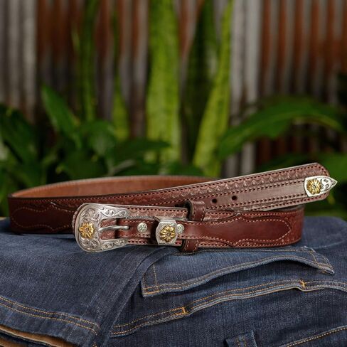 Bullhide Belts Mens Leather Western Ranger Belt, Full Grain Leather Basket Weave Embossed Belts 1.50" Wide, Made in the USA in Kuwait