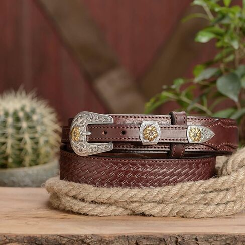 Bullhide Belts Mens Leather Western Ranger Belt, Full Grain Leather Basket Weave Embossed Belts 1.50" Wide, Made in the USA in Kuwait