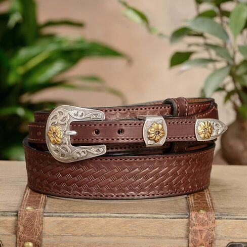 Bullhide Belts Mens Leather Western Ranger Belt, Full Grain Leather Basket Weave Embossed Belts 1.50" Wide, Made in the USA in Kuwait