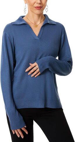 Tapata Womens Sweaters Collared Polo Shirts V Neck Casual Winter Pullover Sweater Long Sleeve Tops Lapel Solid Color in Kuwait