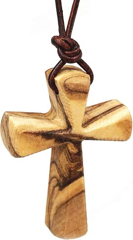Hand Carved Tapered Wooden Cross Necklace for Men & Women on Adjustable Long Leather Cord - Available in Black or Brown - Wood Cross Pendant Gift for All Ages in Saudi Arabia